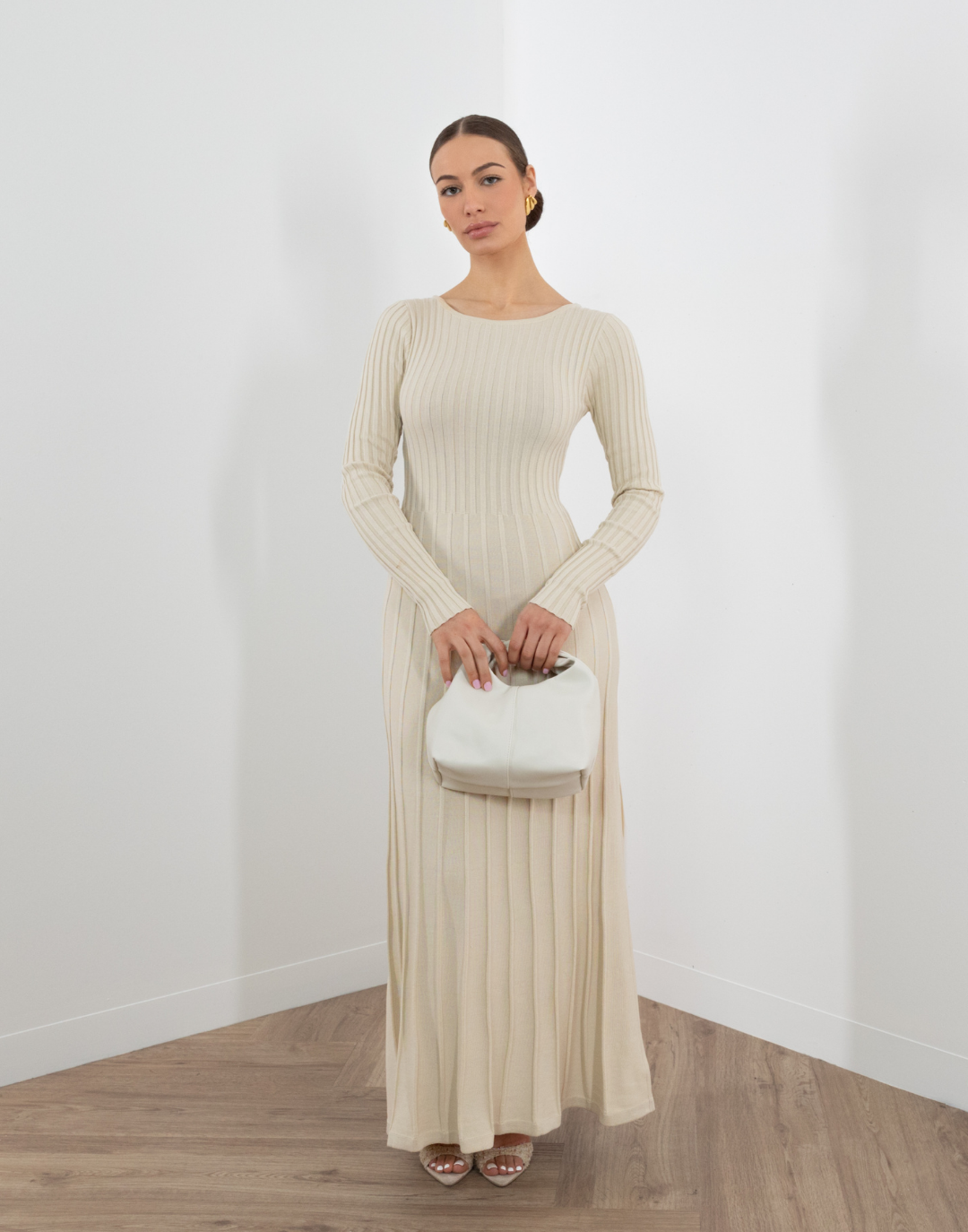 Layne Dress Long Sleeve Knit A Line Midi Dress Beige