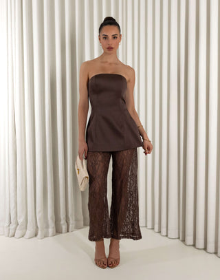 Brown two piece lace set with strapless A-line top and high-waist pants