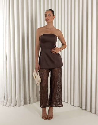 Brown two piece lace set with strapless A-line top and high-waist pants