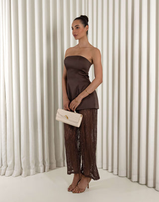 Brown two piece lace set with strapless A-line top and high-waist pants