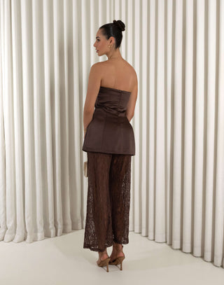 Brown two piece lace set with strapless A-line top and high-waist pants