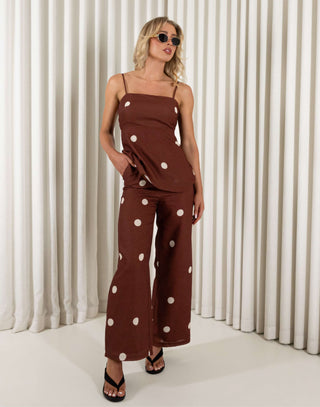 Leo brown polka dot tie-back top and wide-leg pants set