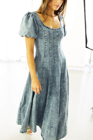 Lloyd Dress - Scoop Neck Puff Sleeve Midi - Denim