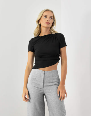 Lucien Crop - Short Sleeve Asymmetrical Crop - Black