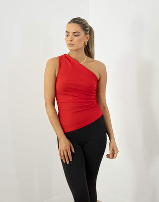 lyons-top-fitted-one-shoulder-gathered-top-red