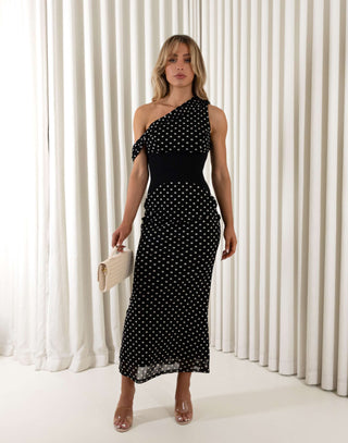 Black polka dot one shoulder fitted maxi dress, fully lined