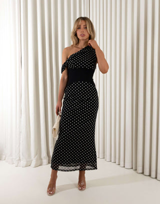 Black polka dot one shoulder fitted maxi dress, fully lined