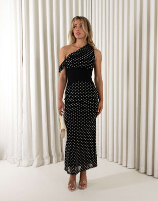 Black polka dot one shoulder fitted maxi dress, fully lined