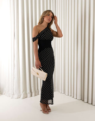 Black polka dot one shoulder fitted maxi dress, fully lined