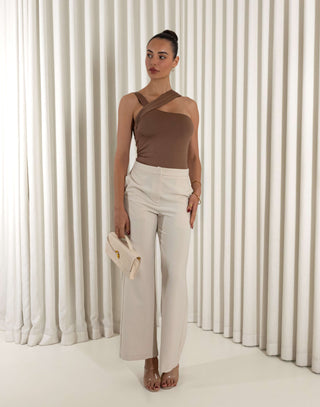 Brown one shoulder crossover fitted bodysuit with press stud closure