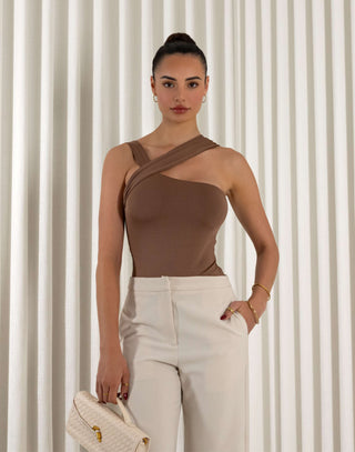 Brown one shoulder crossover fitted bodysuit with press-stud closure