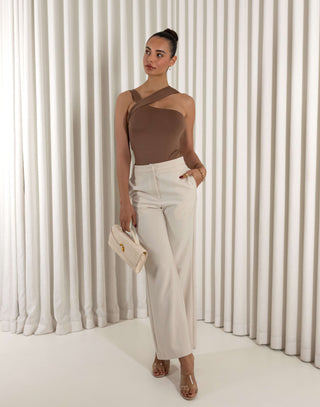 Brown one shoulder crossover fitted bodysuit with press-stud closure