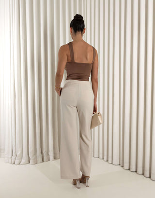 Brown one shoulder crossover fitted bodysuit with press-stud closure