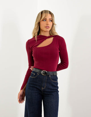 mathew-knit-top-fitted-twist-long-sleeve-top-burgundy