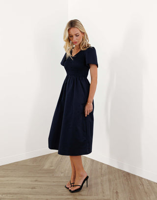  mattson-dress-fitted-bust-short-sleeve-midi-deep-navy