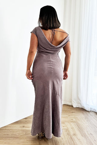 melissa-dress-bias-short-sleeve-low-back-maxi-purplish-grey