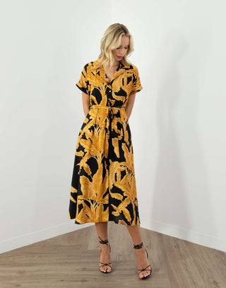 Mindy Dress - Collared Short Sleeve Midi - Amber Leaf