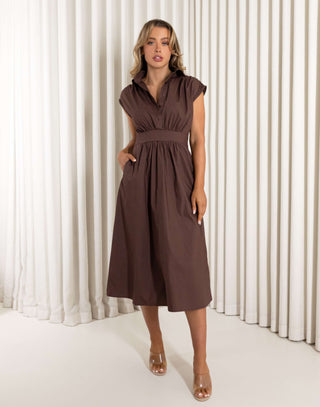 Brown 100% cotton collared midi dress with buttons and pockets