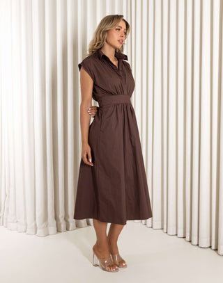 Brown 100% cotton collared midi dress with buttons and pockets