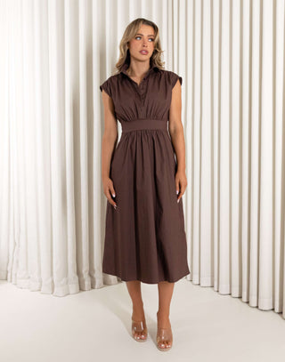 Brown 100% cotton collared midi dress with buttons and pockets