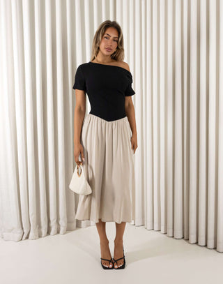 Two tone beige and black off shoulder midi dress with ribbed top and flowing skirt