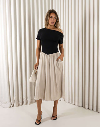 Two tone beige and black off shoulder midi dress with ribbed top and flowing skirt