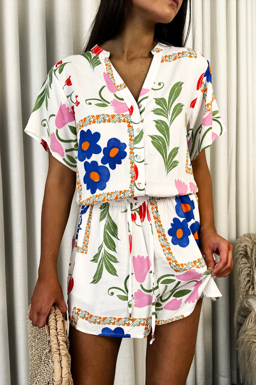 Nancy Playsuit Short Sleeve Button Down Playsuit White Print