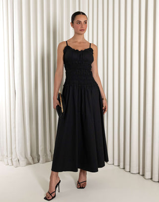 Black 100% cotton midi dress with V ruffle neckline and gathered bust