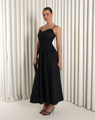 Black 100% cotton midi dress with V ruffle neckline and gathered bust