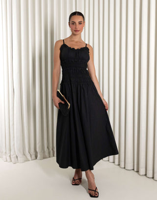 Black 100% cotton midi dress with V ruffle neckline and gathered bust