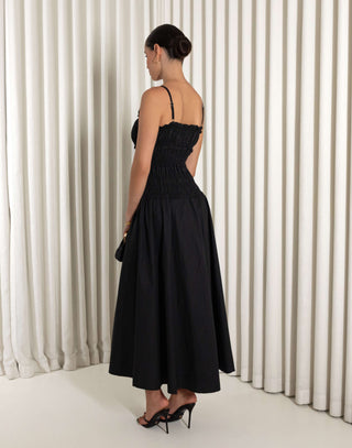 Black 100% cotton midi dress with V ruffle neckline and gathered bust