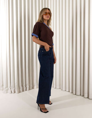 Brown off shoulder relaxed top with blue contrast trim and short sleeves