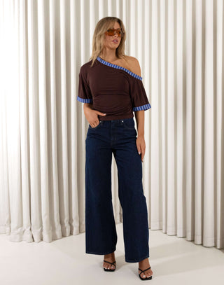 Brown off shoulder relaxed top with blue contrast trim and short sleeves
