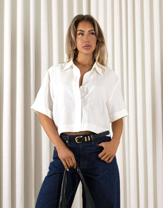 White relaxed linen button up shirt with collar and short sleeves