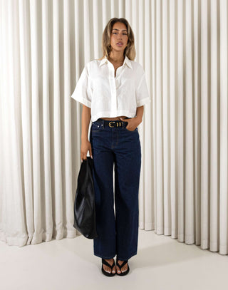 White relaxed linen button up shirt with collar and short sleeves