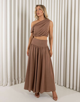 Paige brown matching top and skirt set with draped top and gathered skirt
