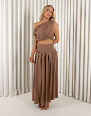 Paige brown matching top and skirt set with draped top and gathered skirt