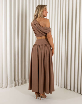 Paige brown matching top and skirt set with draped top and gathered skirt