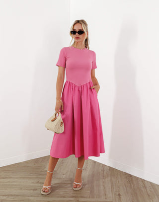 Phyllis Dress - Fitted T-Shirt Bell Midi Dress - Pink