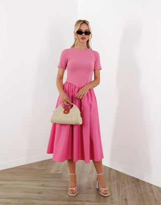 Phyllis Dress - Fitted T-Shirt Bell Midi Dress - Pink