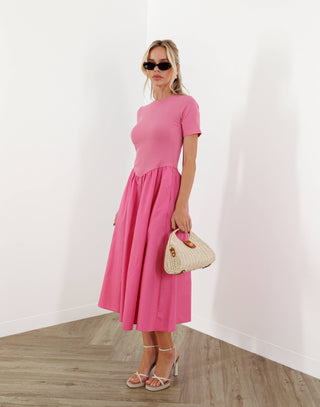 Phyllis Dress - Fitted T-Shirt Bell Midi Dress - Pink