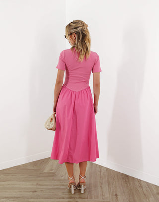 Phyllis Dress - Fitted T-Shirt Bell Midi Dress - Pink