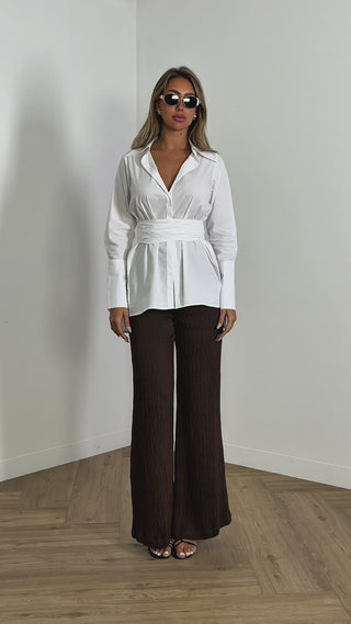 james-pants-high-waist-tailored-pants-brown & timothy-shirt-100-cotton-button-up-shirt-white