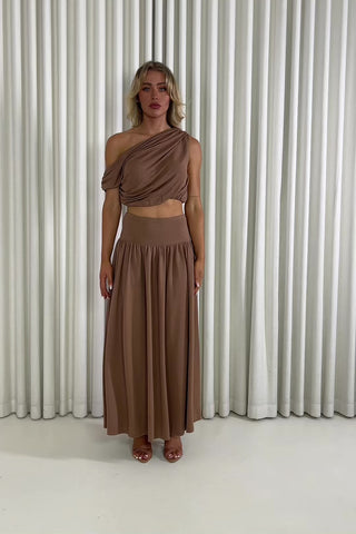 Paige brown matching top and skirt set with draped top and gathered skirt
