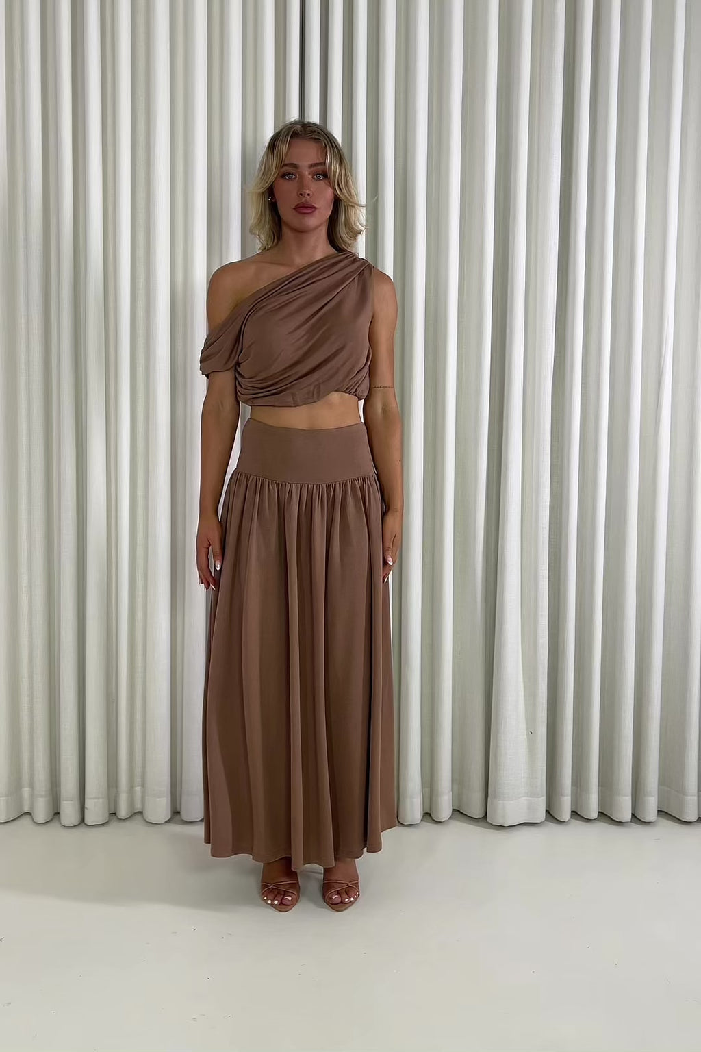 Paige brown matching top and skirt set with draped top and gathered skirt