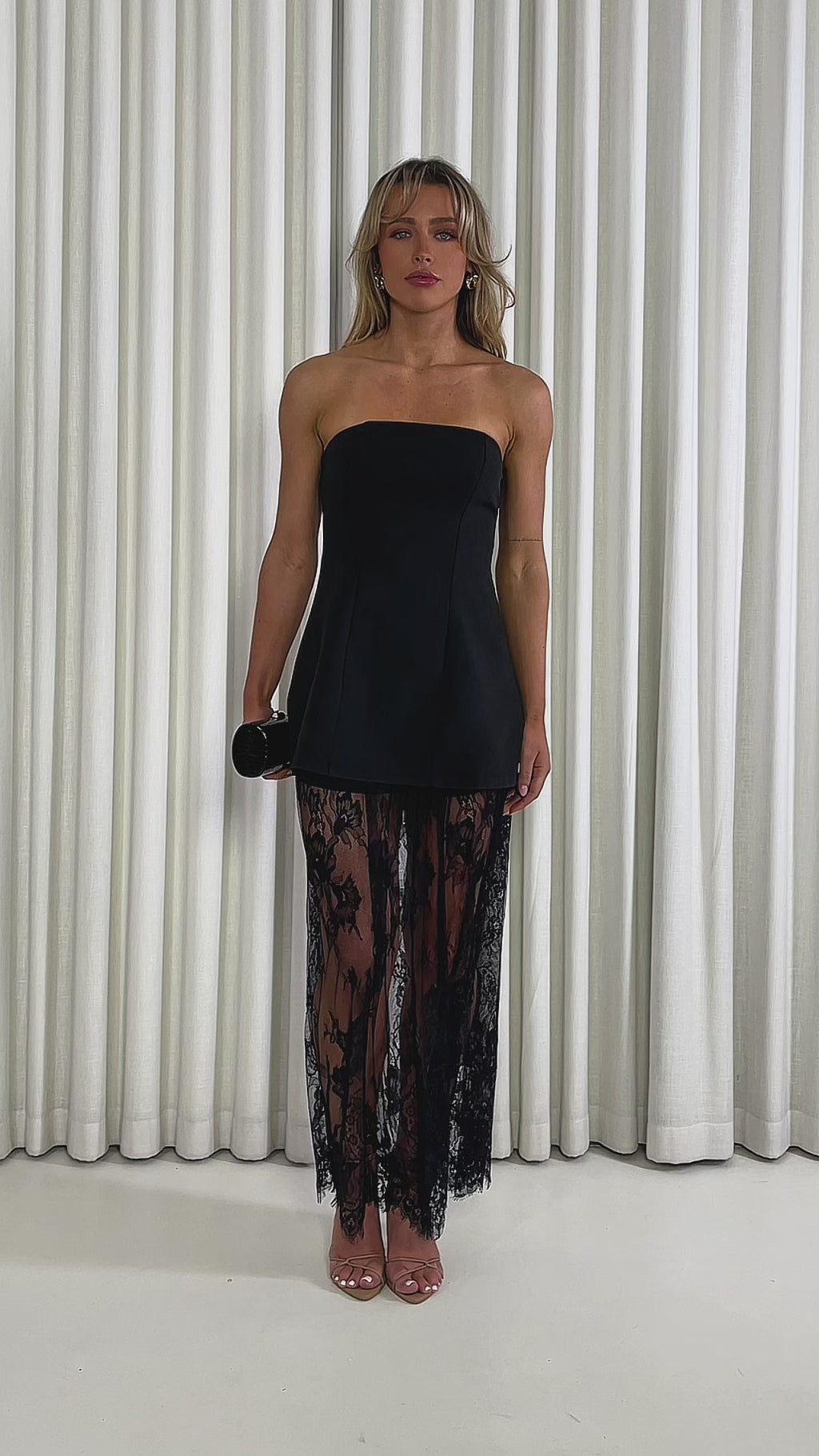 Two-piece-black-lace-set with-strapless-mini-dress-and-overlay-skirt