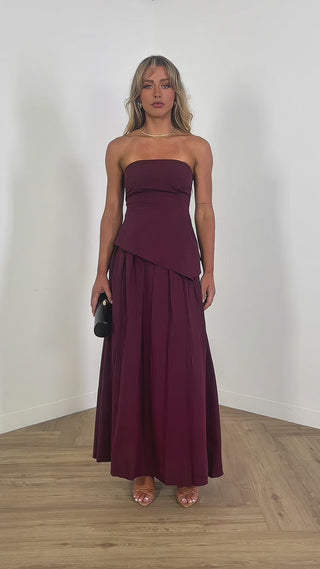 Laurel strapless fitted top in wine, asymmetric hem