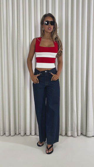 Denim wide leg mid-waist cotton jeans with pockets & Red and white striped fitted top with straight neckline and thick straps