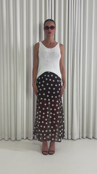 Brown polka dot mesh midi skirt with mini lining, straight fit