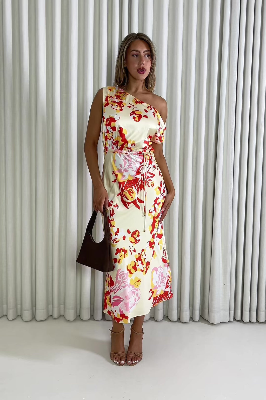 Barbara off-shoulder bias-cut dress in multi floral digital print